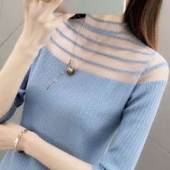 Super hot ice silk knitted bottomed shirt spring new lace collar half sleeve T-shirt girl student top