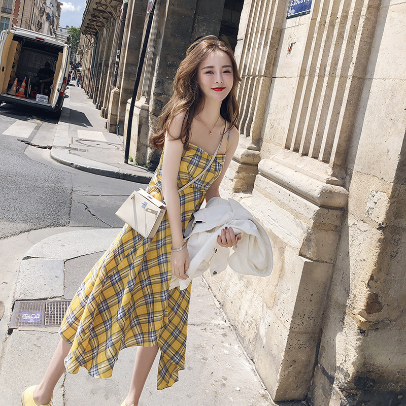Mini sister Plaid suspender skirt new dress women's summer off shoulder waist slim skirt