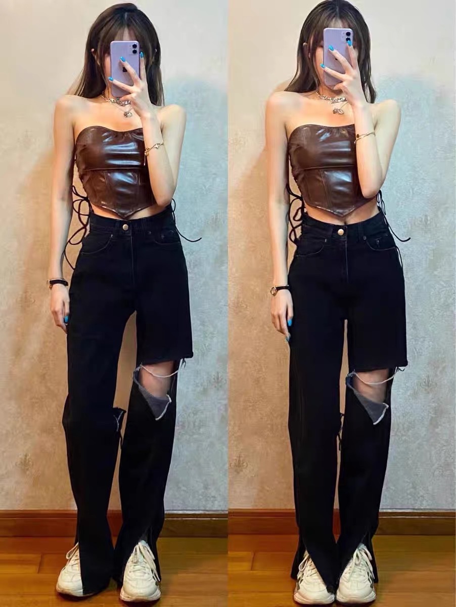 Black split jeans women's spring and summer new high waist thin straight tube loose American beggars mop pants