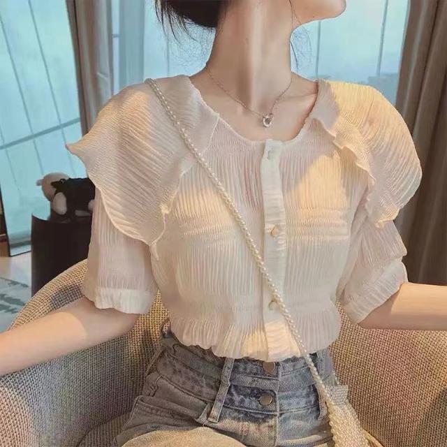 配吊帶雪紡衫女2021年夏季泡泡袖短袖小香風設計感小眾白色上衣女