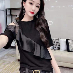 Europe station spring and summer new hot drill knitted T-shirt women's short sleeve round neck Ruffle off shoulder slim top fashion