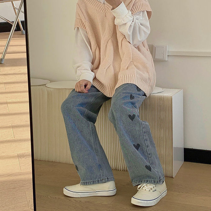 High waist and wide leg jeans women's straight tube loose retro pants