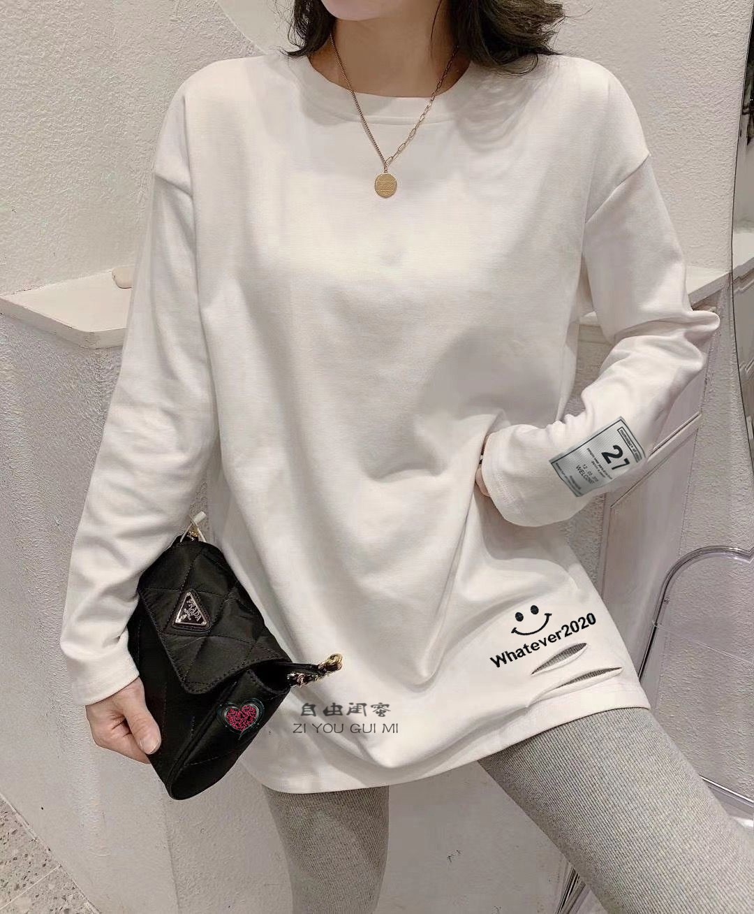 Cotton 5 spandex 2021 spring loose medium length long sleeve T-shirt