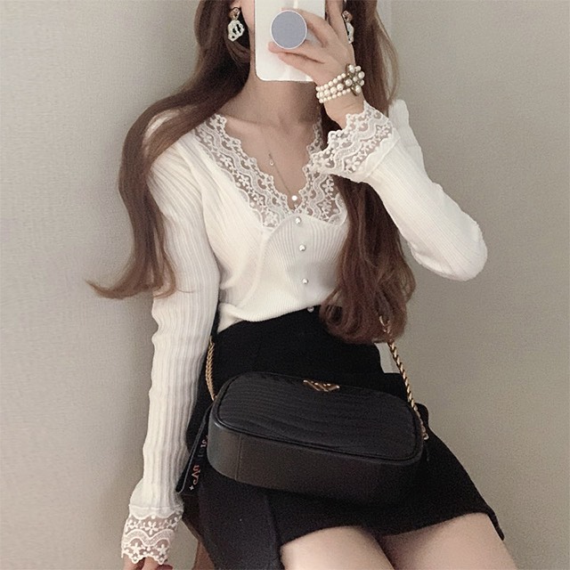 New year's white woolen knitwear with lace base and autumn and winter long sleeve top for women