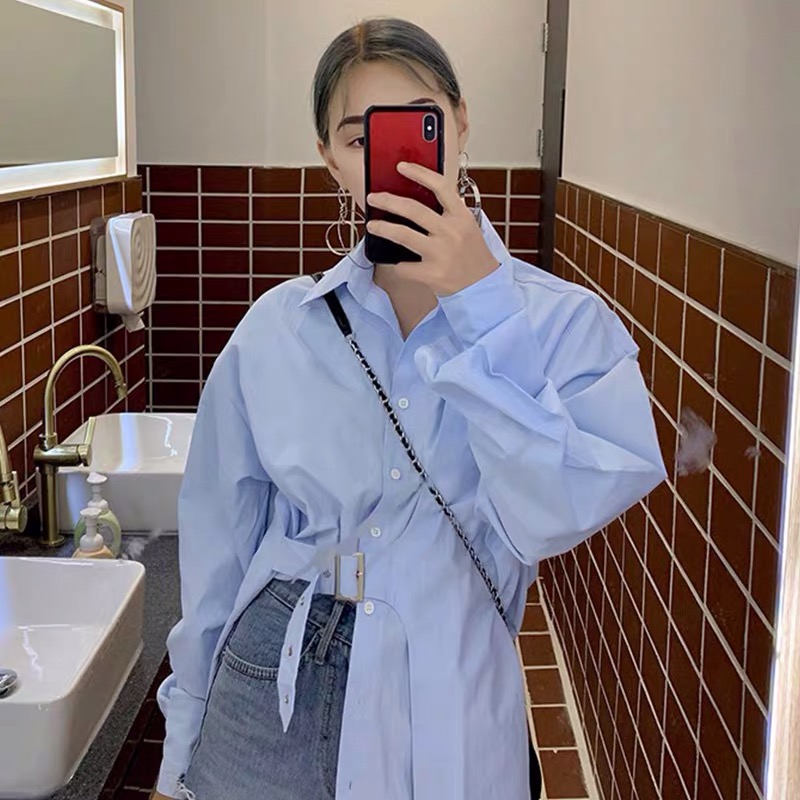 Korean design minority lace up long sleeve medium length shirt one side belt Harajuku top