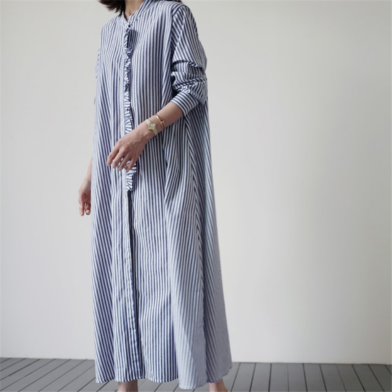 Korea dongdamen striped shirt women's 2020 new stand collar Ruffle loose long cape type skirt