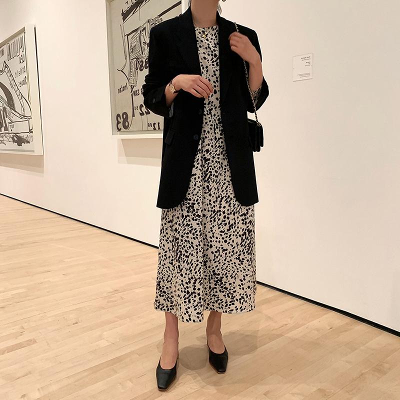 Retro French temperament fashionable Leopard Print Long Tie Waist Long Sleeve Dress