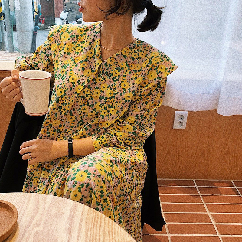 Sweet age reduction floral big Lapel loose and versatile Long Sleeve Chiffon dress long skirt girl