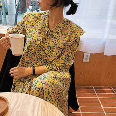 Sweet age reduction floral big Lapel loose and versatile Long Sleeve Chiffon dress long skirt girl