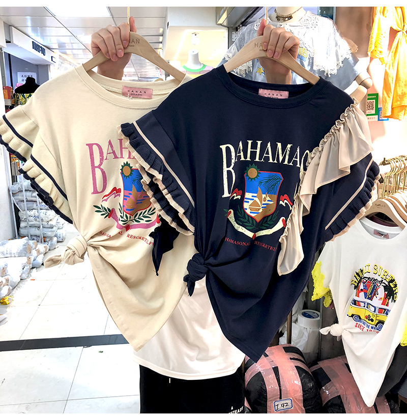 Short sleeve T-shirt women's summer loose letter Print Chiffon stitching Ruffle half sleeve T-shirt