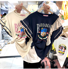 Short sleeve T-shirt women's summer loose letter Print Chiffon stitching Ruffle half sleeve T-shirt