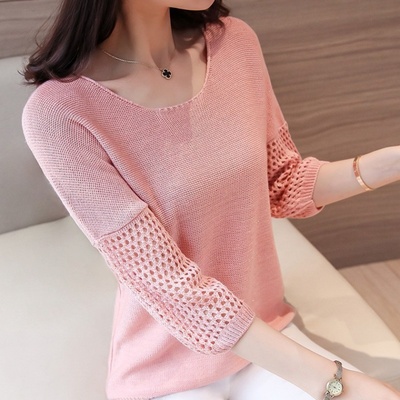 Spring new cut-out blouse medium sleeve sweater women's underlayer sweater women's loose top
