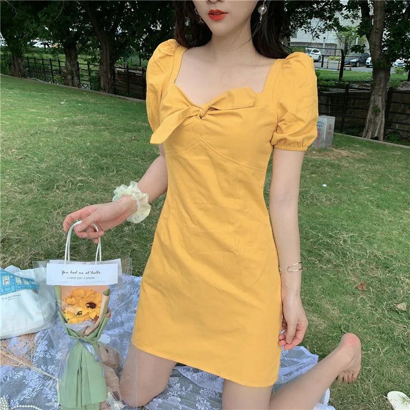 Summer 2021 new French court bubble sleeve bow sexy square collar slim dress