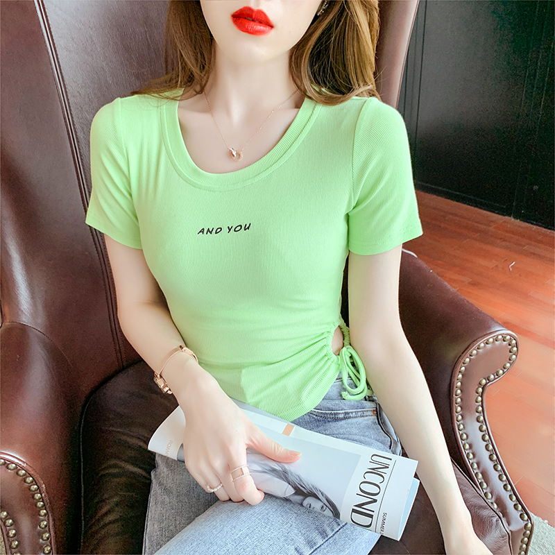 2021 Korean summer fashion high waist short T-shirt women's short sleeve sexy open navel drawstring top