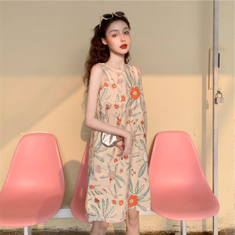 Tea break French retro niche dress femininity super fairy Floral Chiffon Skirt seaside holiday beach skirt