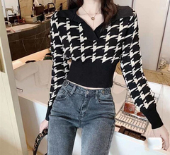 Net red elegant spring and autumn versatile thousand bird check V-neck short sweater high waist bottomed sweater open navel top female
