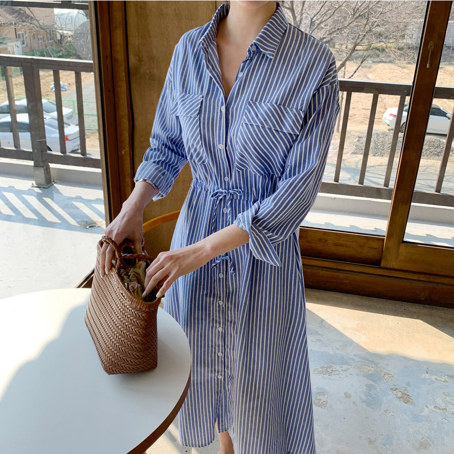 Autumn new versatile stripe simple long sleeve drawstring shirt dress