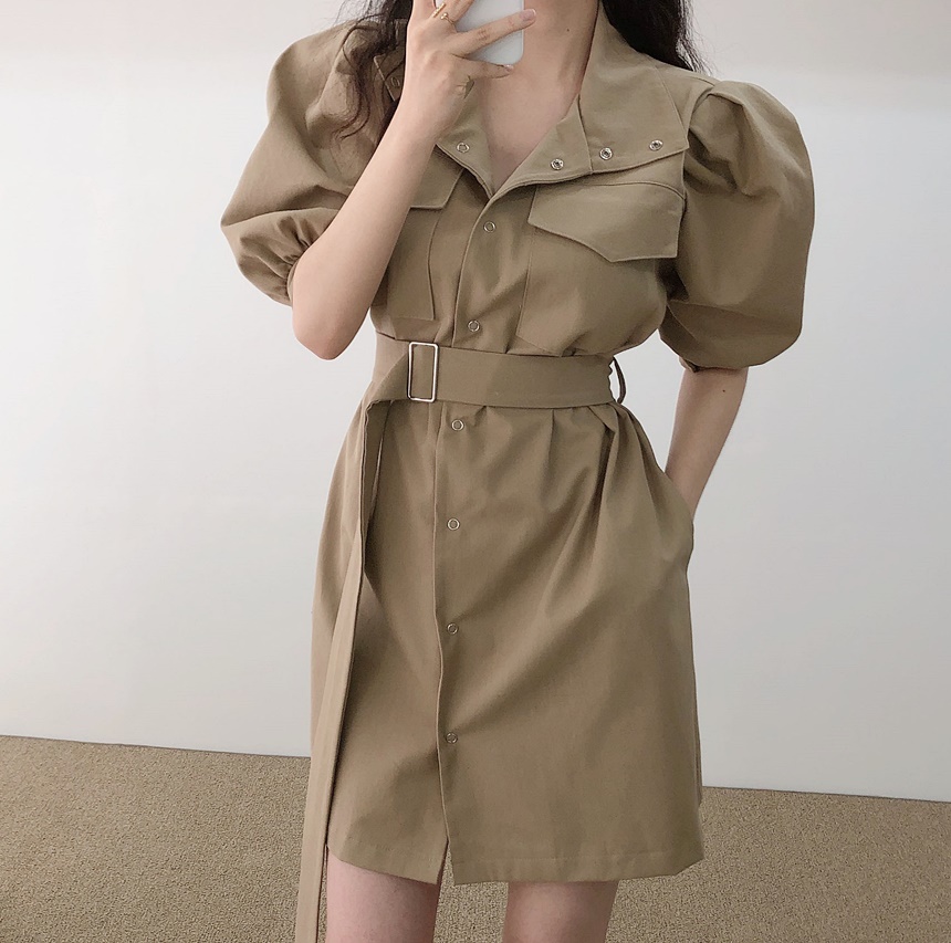 Summer Vintage Lapel waist down slim foam sleeve frock dress with belt