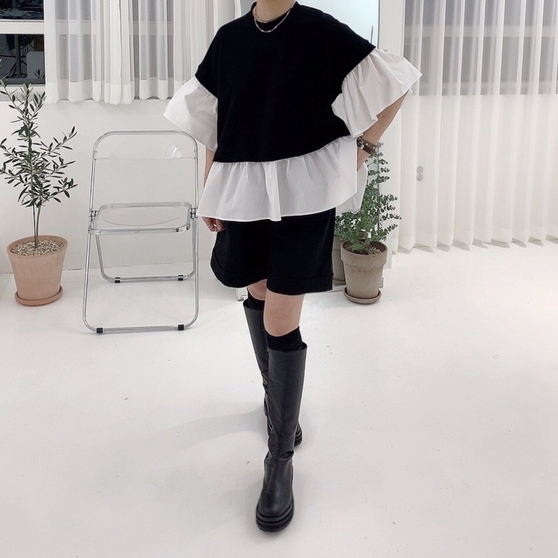 Cute stitching fake two Ruffle flared sleeve loose T-shirt