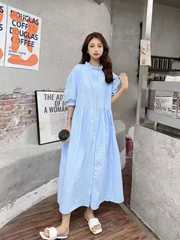 Summer new round neck single breasted age reduced loose medium length dress for women