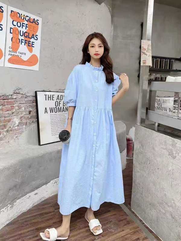 Summer new round neck single breasted age reduced loose medium length dress for women