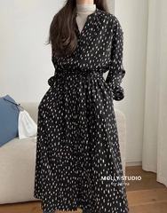 South Korea dongdamen new printed half open collar buckle drawstring waist dress