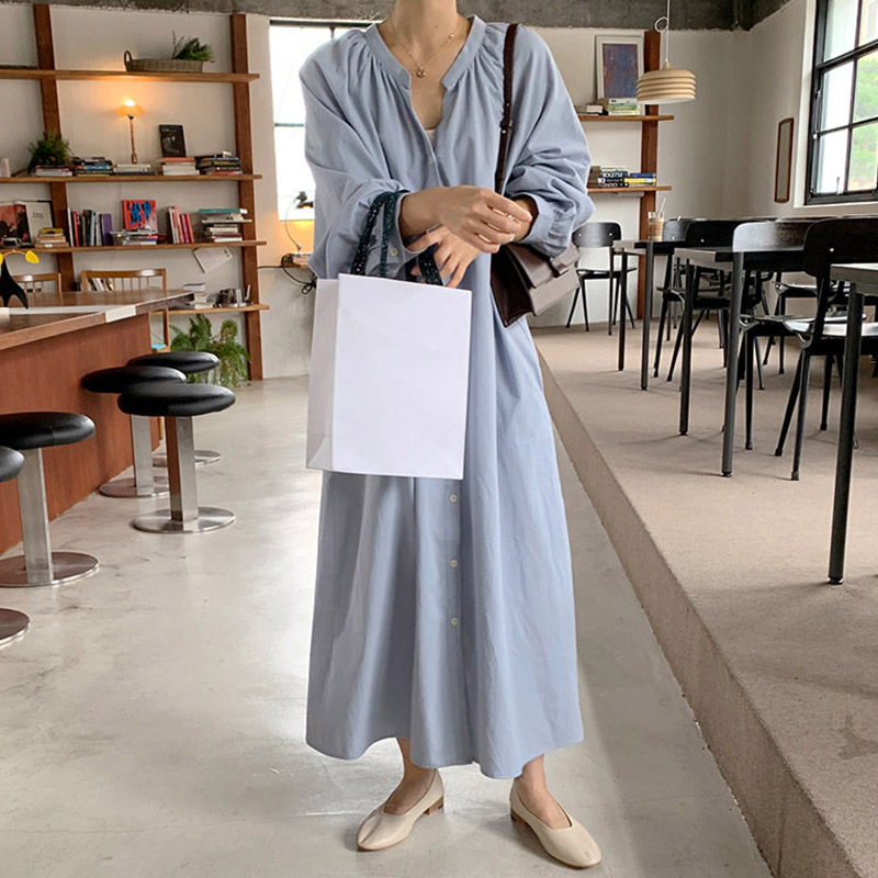 Loose temperament single breasted bubble sleeve shirt dress lace up waist long skirt