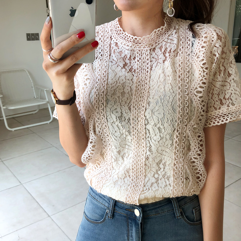 Korean hook flower hollow out lace top women's loose super fairy temperament shirt foreign style versatile small shirt