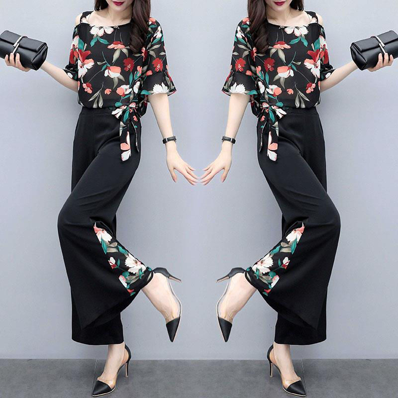 Wide leg pants suit summer dress new style very fairy foreign style net red two piece suit fashion leisure show thin women fashion