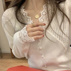 New year's white woolen knitwear with lace base and autumn and winter long sleeve top for women