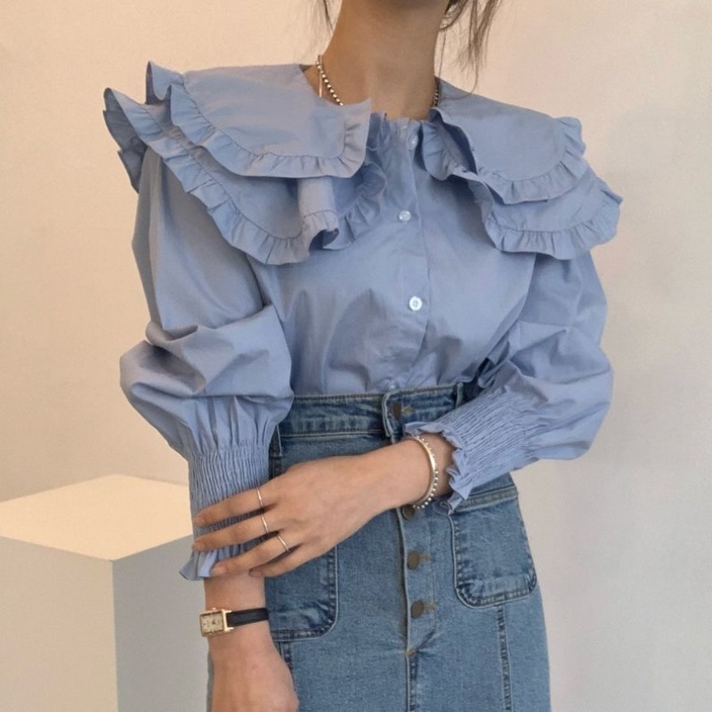 Korean dongdamen chic sweet age reducing double layer baby collar with ear edge and single row button loose bubble sleeve shirt