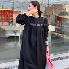 South Korea dongdamen Round Neck Lace Crochet stitching back single breasted pleated loose bubble sleeve dress