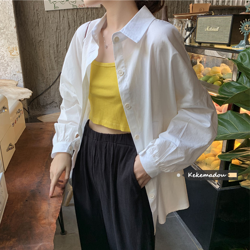 Versatile long sleeve shirt women's spring and autumn new loose and thin design small crowd medium length shirt