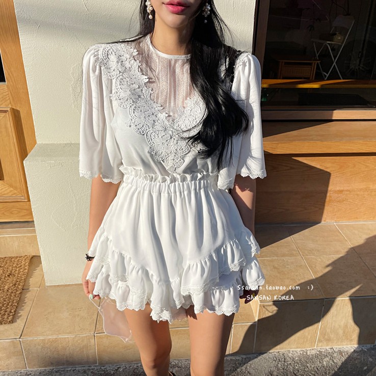 Summer new style lace shirt dress two piece suit fashion foreign style shorts suit women