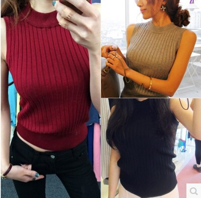 Korean autumn sleeveless T-shirt top cotton slim high collar bottom knitted vest shirt