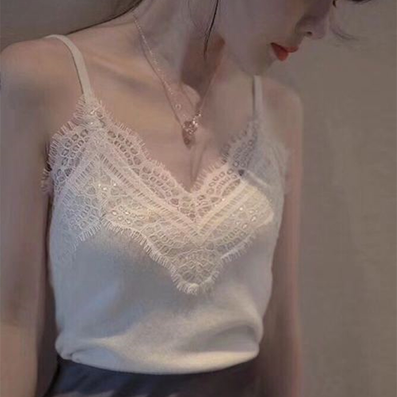 Lace lace sling women's feeling woolen lace open back flower vest bottomed shirt sleeveless top elastic ice silk knitting
