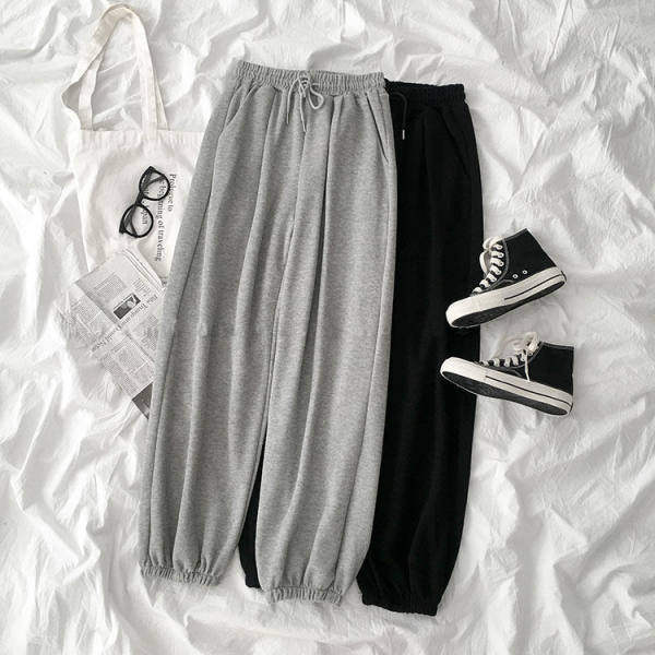 Large size women's pants spring and autumn Korean wide leg straight tube nine point casual elastic waist high waist grey sports pants