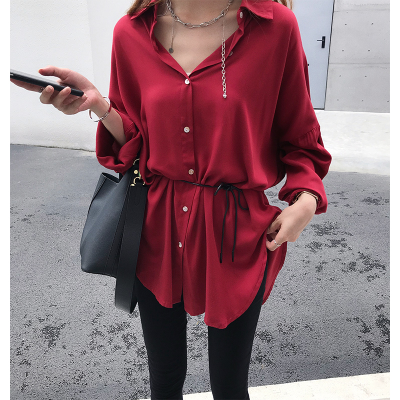 Women's new Hong Kong Style loose shirt women's medium length long sleeve shirt coat