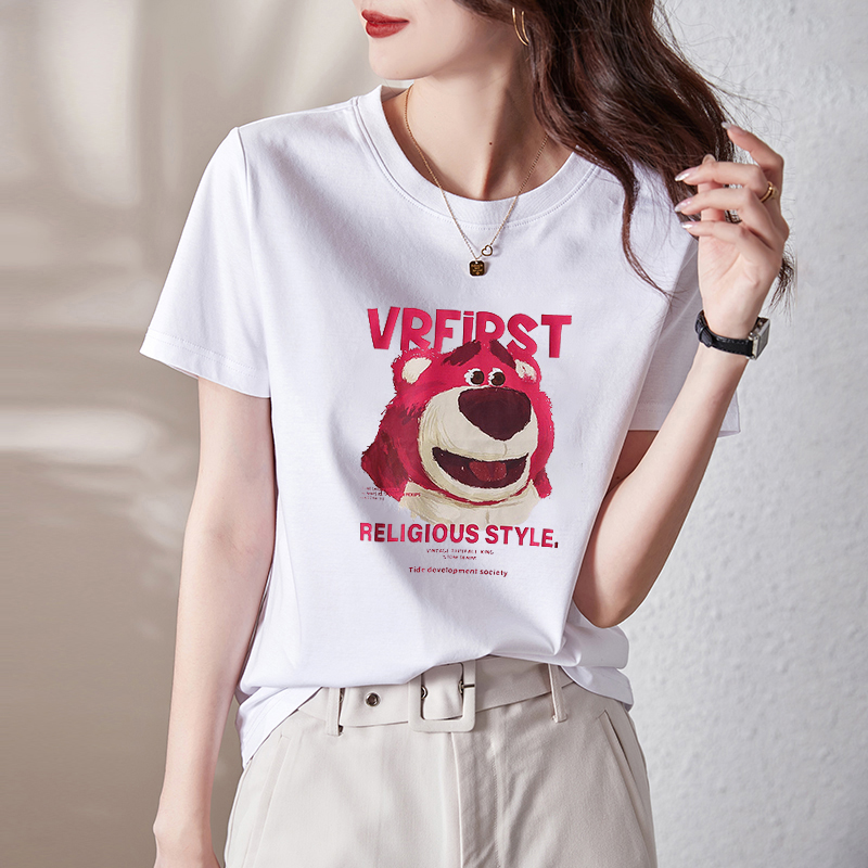 Cotton bag back collar bear T-shirt women's new short sleeve shirt