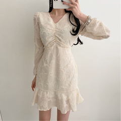 Dongdamen new V-neck solid printing pleated high waist slim Ruffle Dress