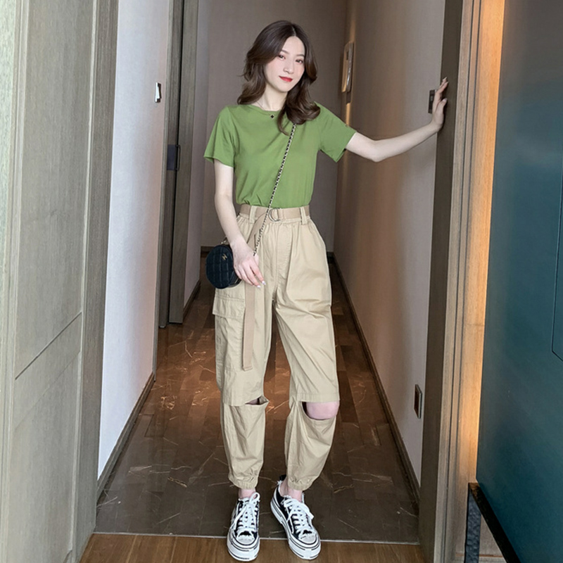洋氣減齡休閒運動套裝女夏季2021新款T恤+破洞束腳褲小個子兩件套