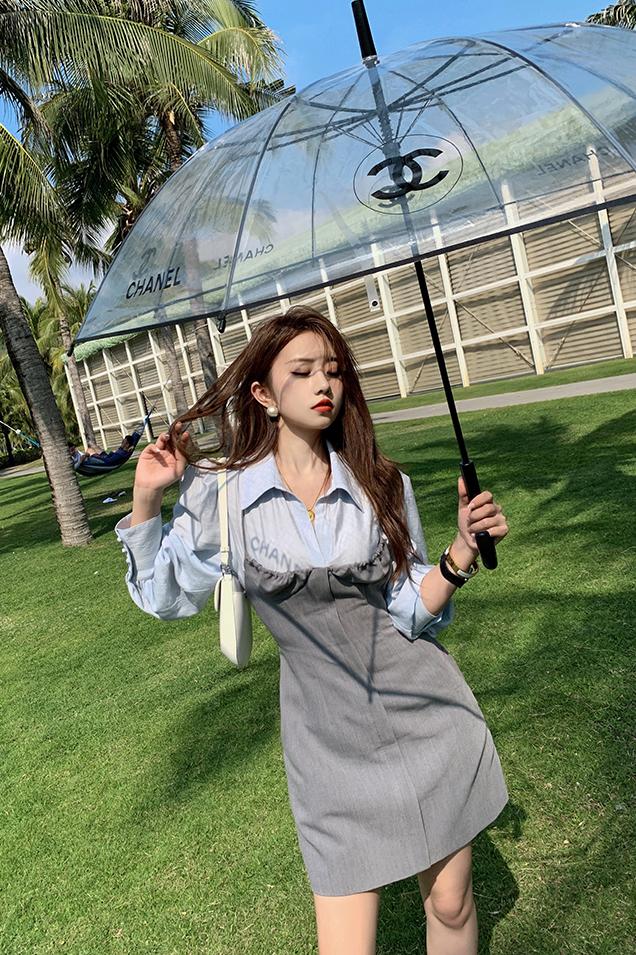 Pinziko fake two-piece shirt dress, women's waist close and slim, spring and autumn new mid long bubble sleeve stitched skirt