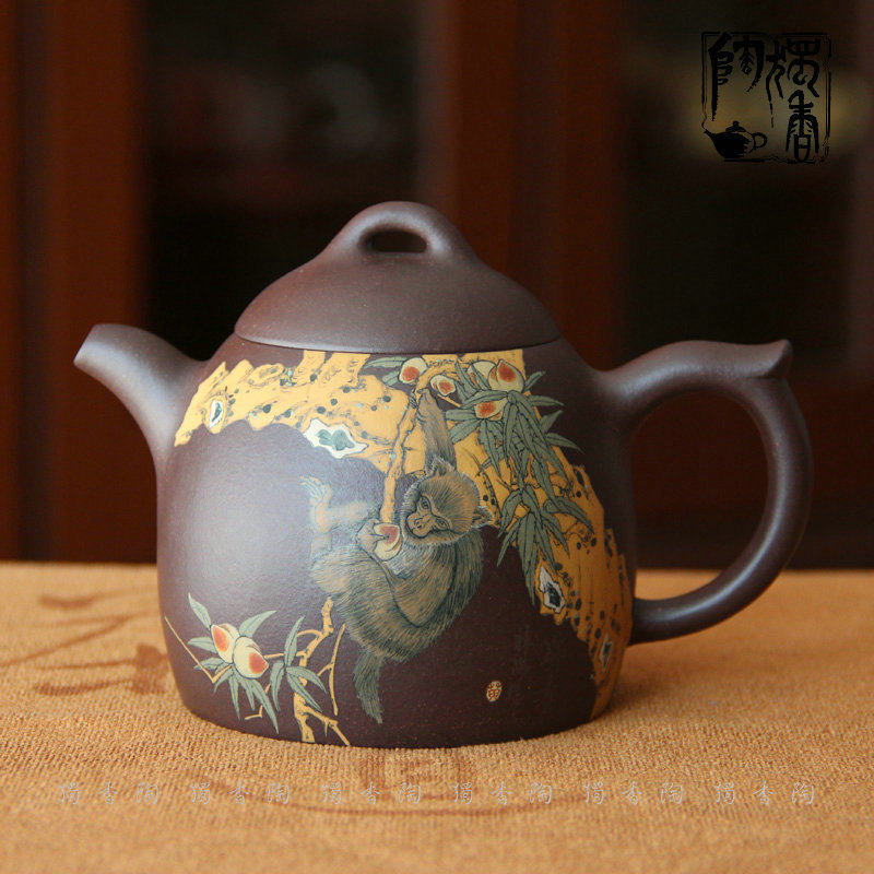 紫砂壶宜兴 泥绘猴子 紫砂茶壶泥绘紫砂壶 紫砂茶具