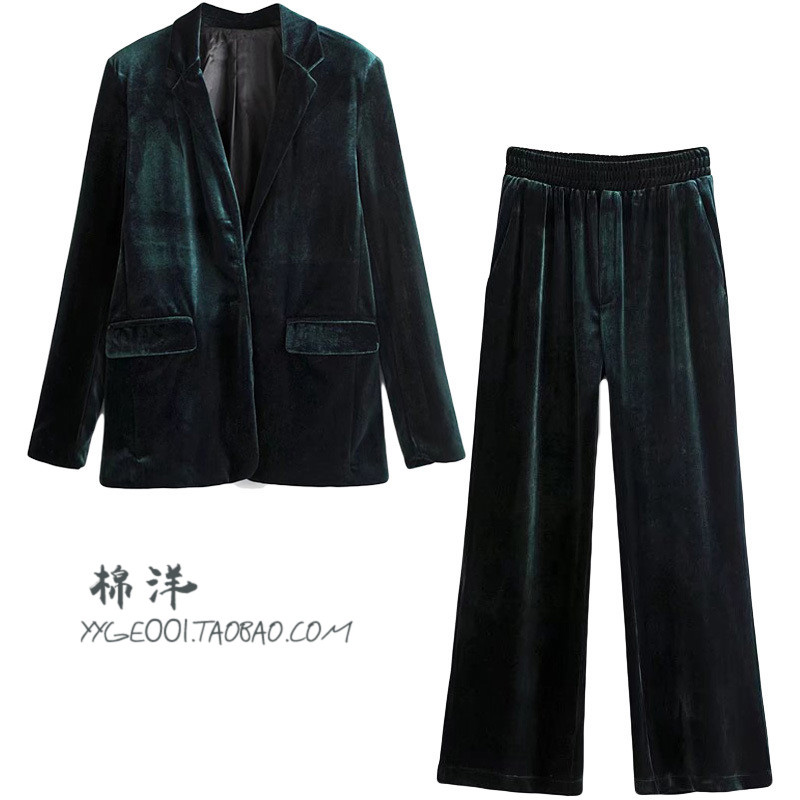 丝绒阔腿裤西装时尚套装女2018秋新天鹅绒欧美复古气质西服外套潮