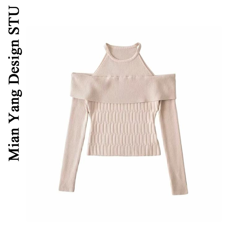 纯欲露肩假两件挂脖式针织衫