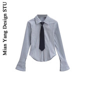 少女感学妹衬衣 复古英伦领带喇叭袖 棉洋 青春学院风条纹减龄衬衫