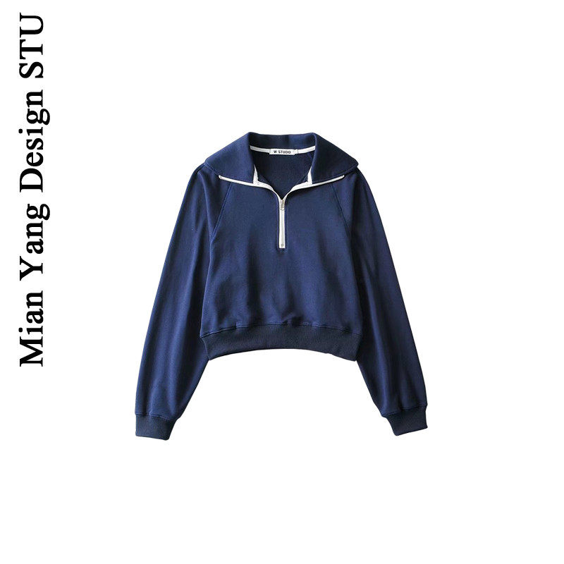 复古猪肝色翻领套头上衣女 怀旧少女宽松拉链卫衣ins体育运动潮服