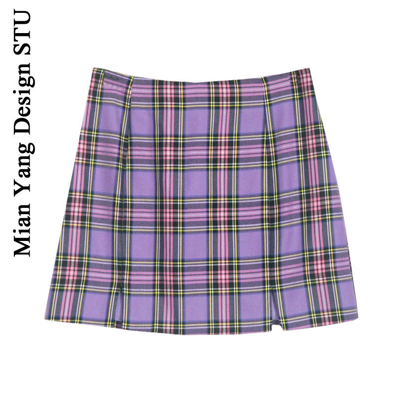 美式复古学院风短裙子苏格兰格子印花短裙 侧开叉下摆高腰半身裙