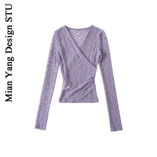 纯欲韵味紫色性感蕾丝微透打底衫