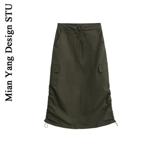 棉洋复古高腰插兜潮酷长半裙 美式个性抽褶开叉a字长裙工装半身裙